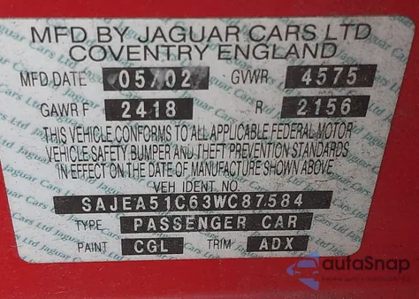 2003 Jaguar X-Type 3.0 z USA, uszkodzony, nr VIN SAJEA51C63WC87584